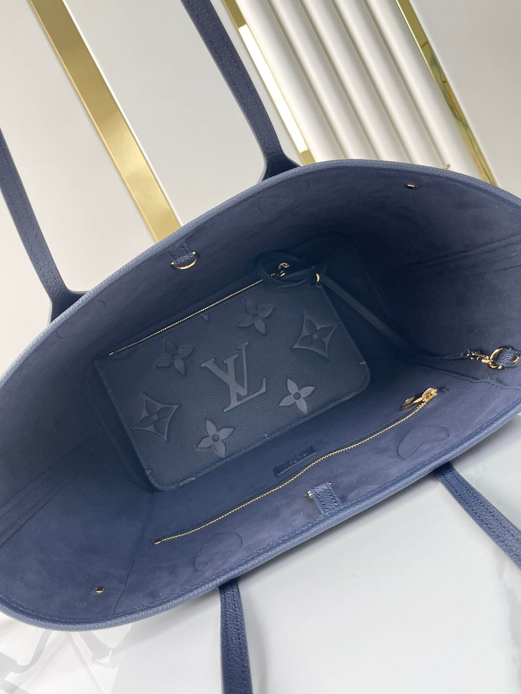 LOUIS VUITTON NEVERFULL MM 31 IN DARK NAVY MONOGRAM EMPREINTE LEATHER