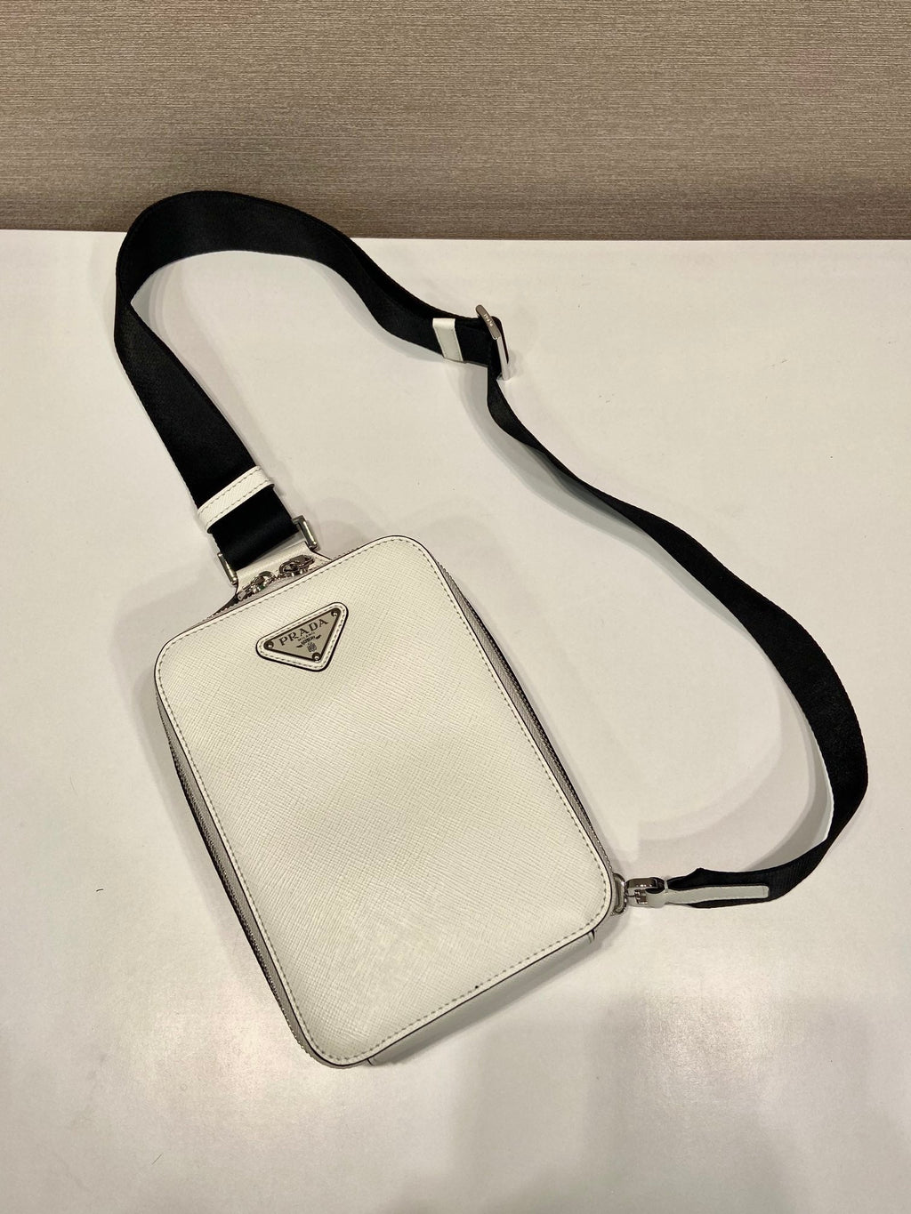 PRADA CHEST BAG 20 IN WHITE SAFFIANO LEATHER