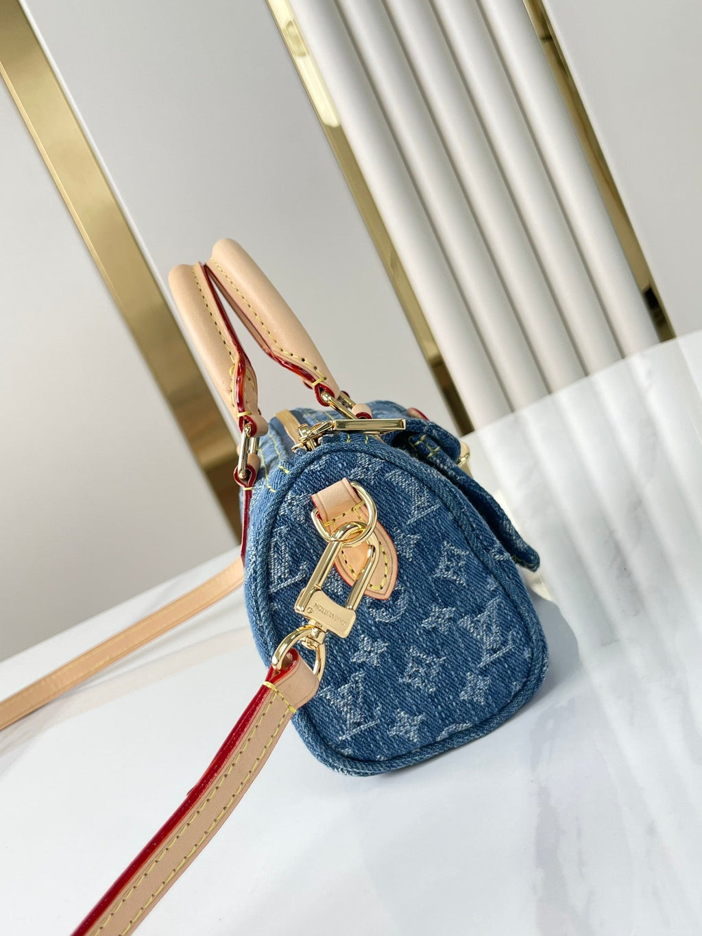 LOUIS VUITTON NANO SPEEDY 16 IN BLUE MONOGRAM DENIM GOLD HARDWARE