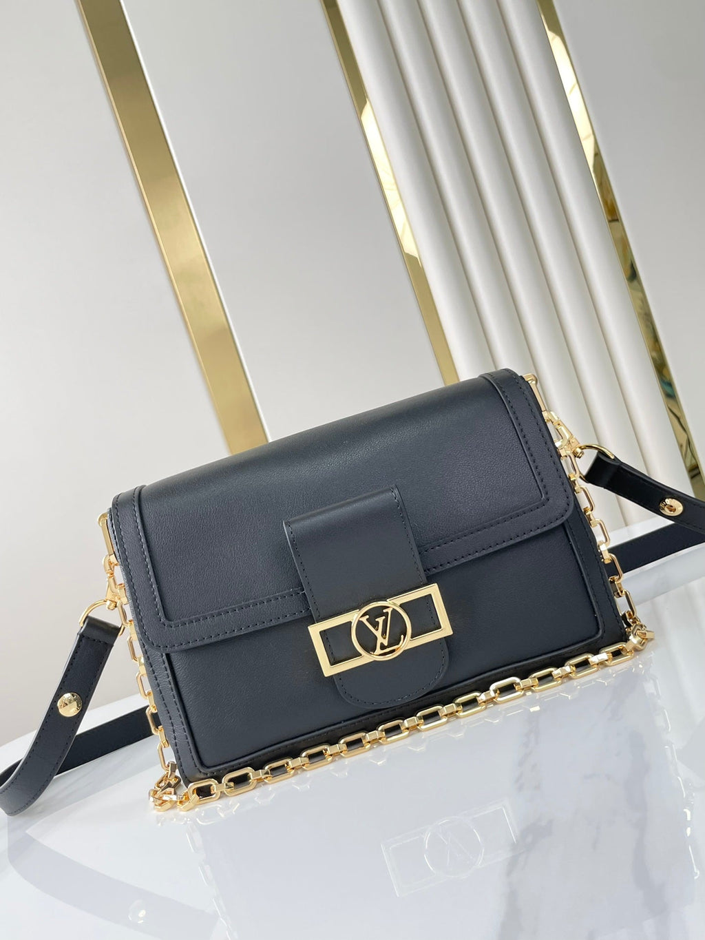 LOUIS VUITTON DAUPHINE SOFT MM 24 IN BLACK SMOOTH LAMBSKIN GOLD HARDWARE