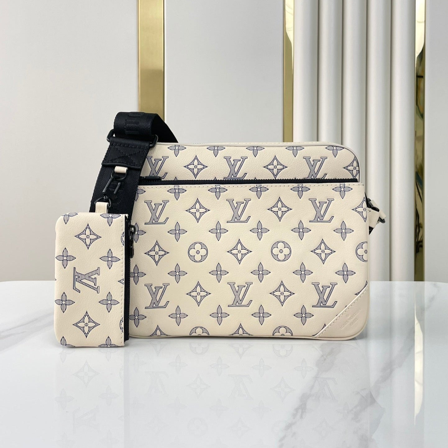 LOUIS VUITTON TRIO MESSENGER 25 IN CREAM BLUE MONOGRAM SHADOW CALFSKIN