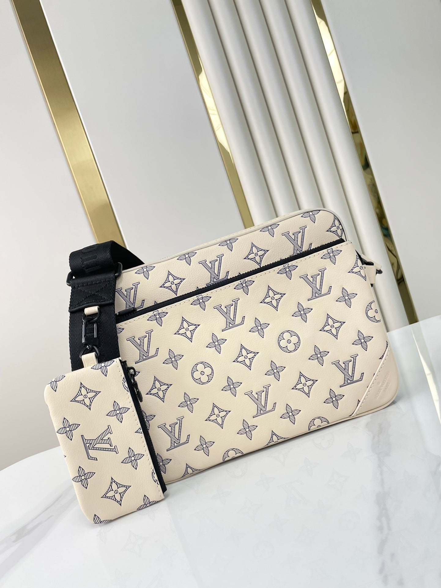 LOUIS VUITTON TRIO MESSENGER 25 IN CREAM BLUE MONOGRAM SHADOW CALFSKIN