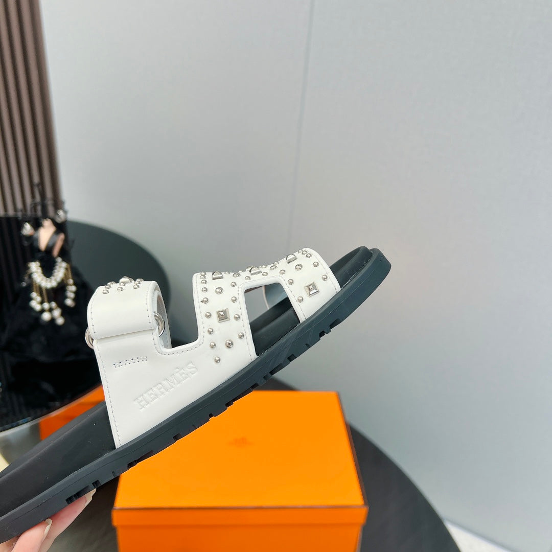 HERMES CHYPRE SANDAL WHITE MIX BLACK CALFSKIN SPECIAL