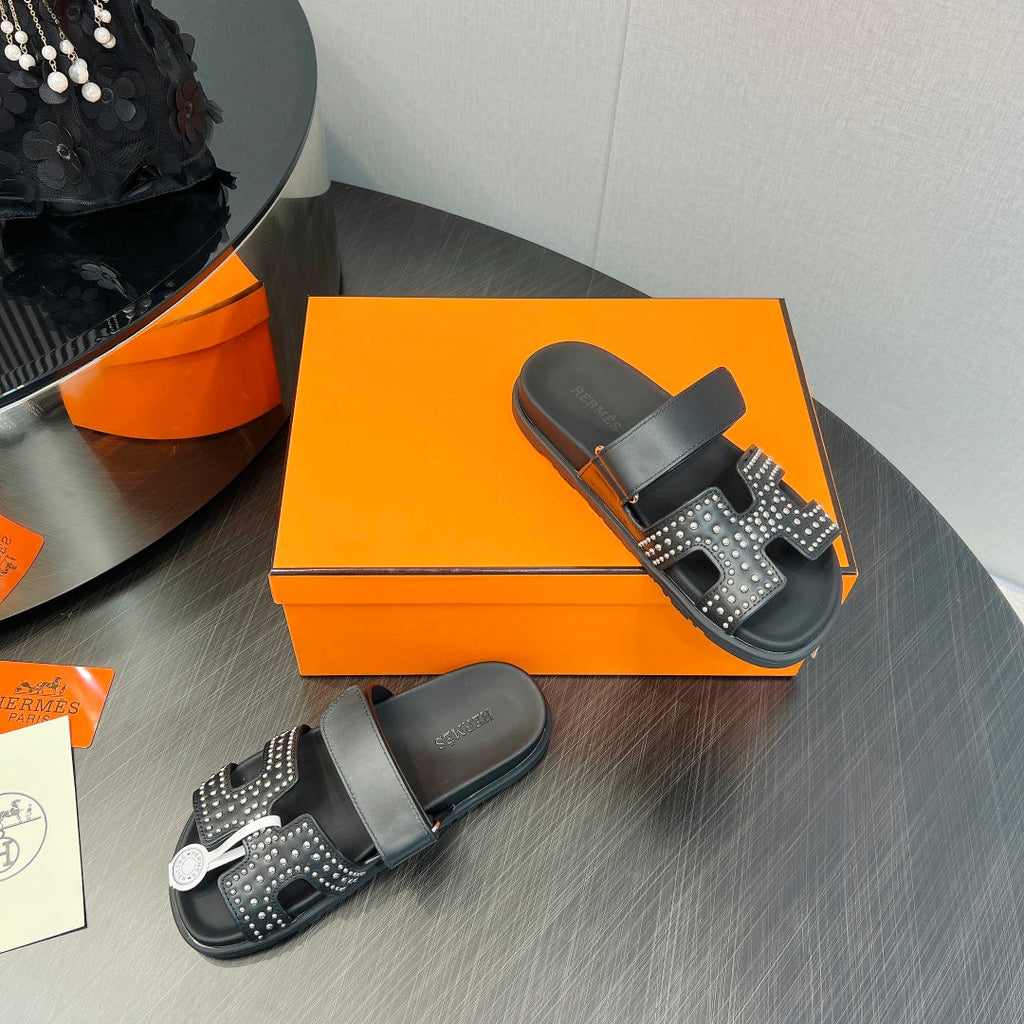 HERMES CHYPRE SANDAL BLACK CALFSKIN STYLIZED