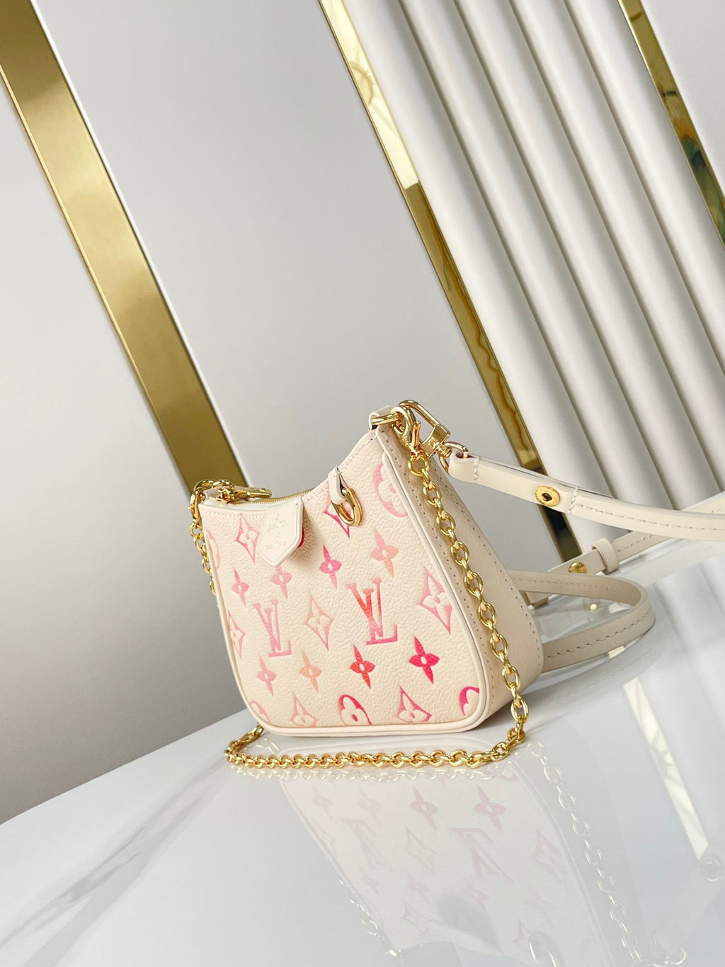 LOUIS VUITTON EASY POUCH ON STRAP 19 IN SUNRISE AQUARELLE MONOGRAM EMPREINTE LEATHER GOLD CHAIN