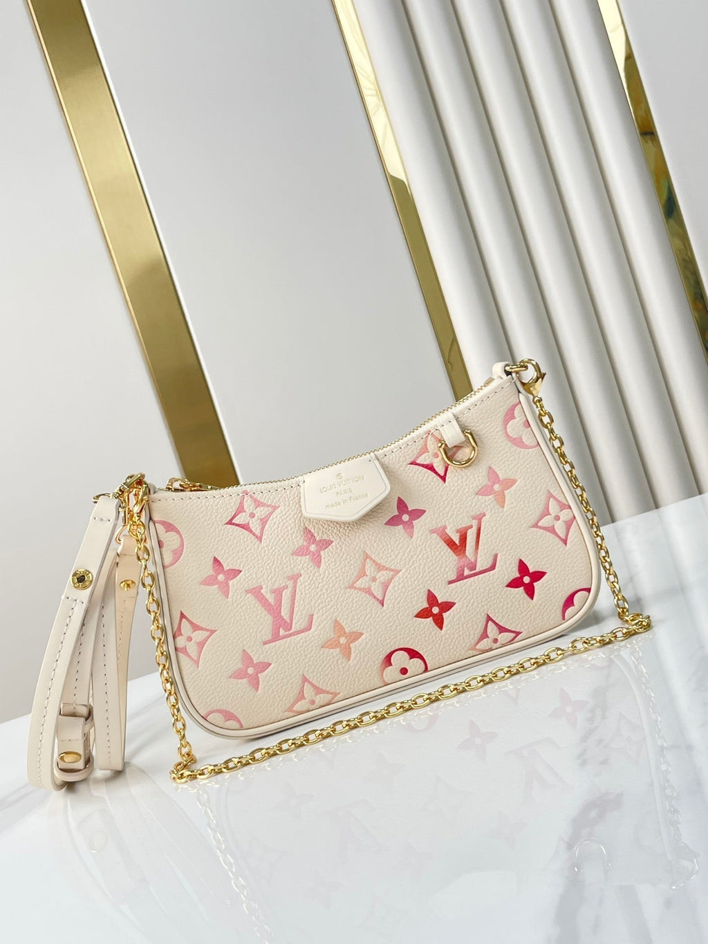 LOUIS VUITTON EASY POUCH ON STRAP 19 IN SUNRISE AQUARELLE MONOGRAM EMPREINTE LEATHER GOLD CHAIN