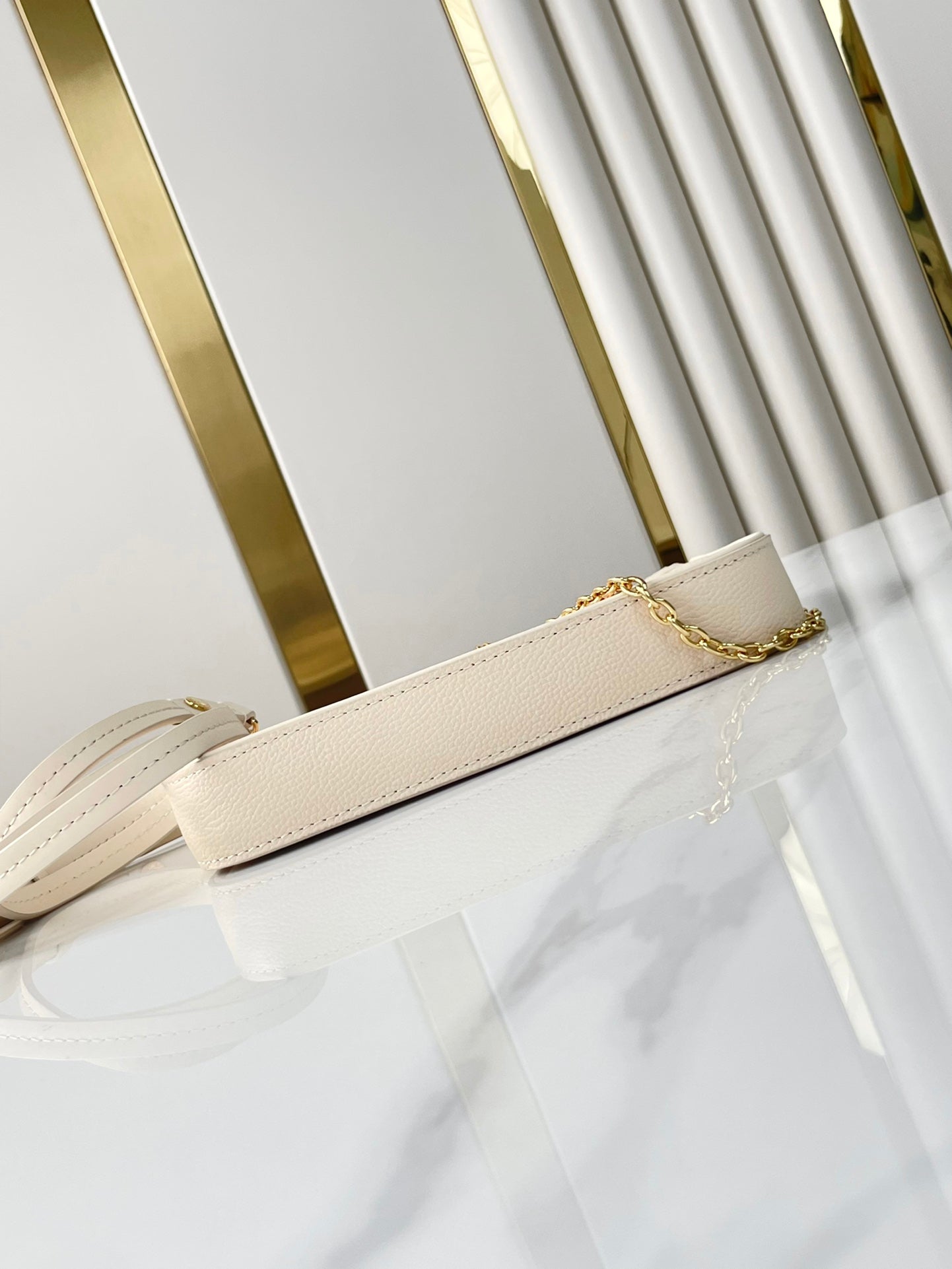 LOUIS VUITTON EASY POUCH ON STRAP 19 IN SUNRISE AQUARELLE MONOGRAM EMPREINTE LEATHER GOLD CHAIN