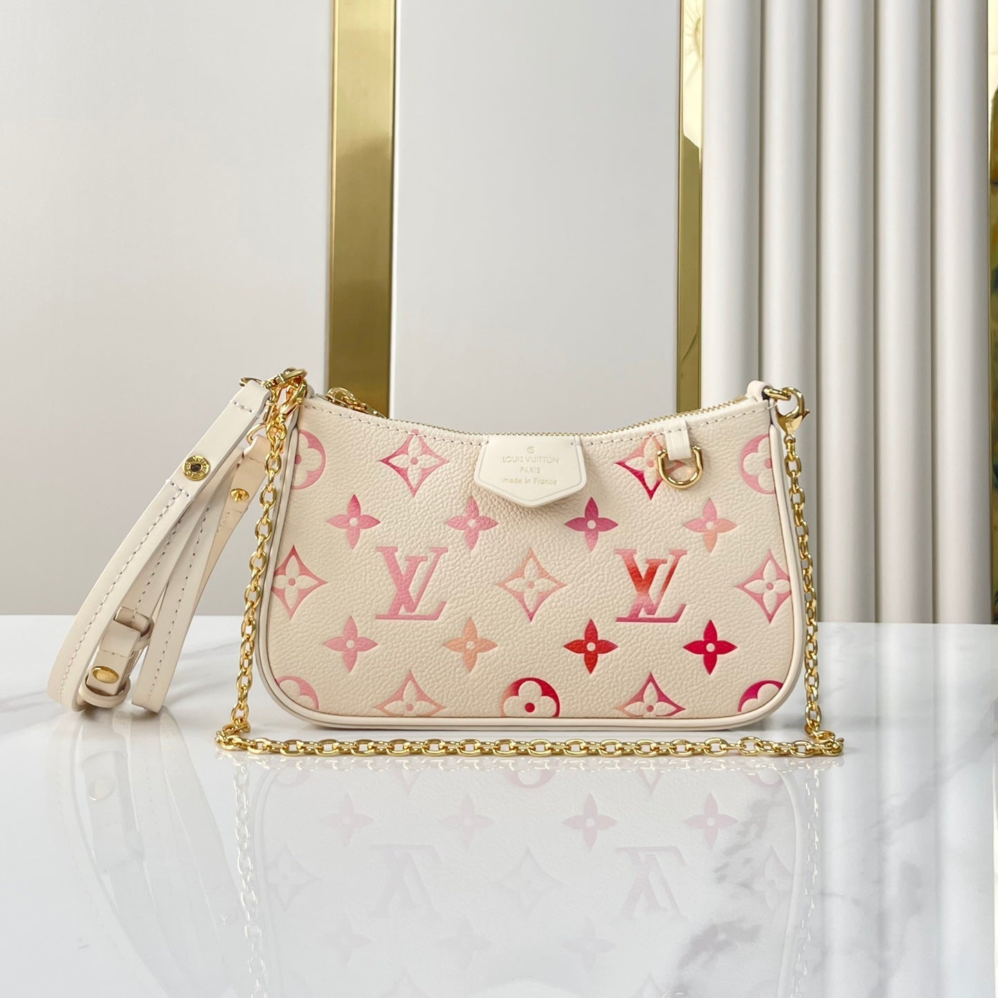 LOUIS VUITTON EASY POUCH ON STRAP 19 IN SUNRISE AQUARELLE MONOGRAM EMPREINTE LEATHER GOLD CHAIN