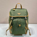 PRADA BACKPACK 45 IN SEAWEED GREEN RE-NYLON AND BROWN CALFSKIN TRIM