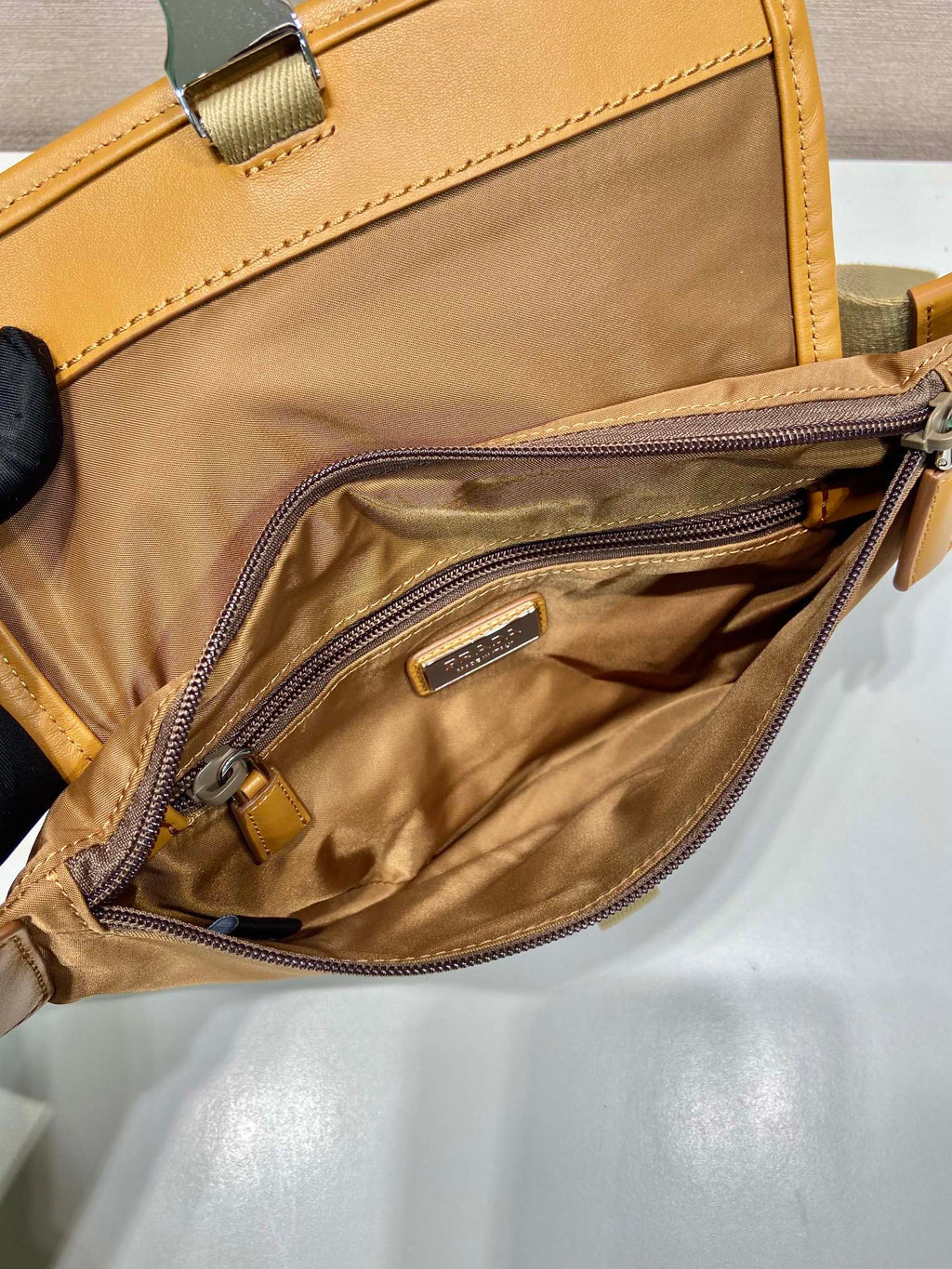 PRADA BELT BAG 18 IN SEPIA BROWN RE-NYLON AND CALFSKIN TRIM