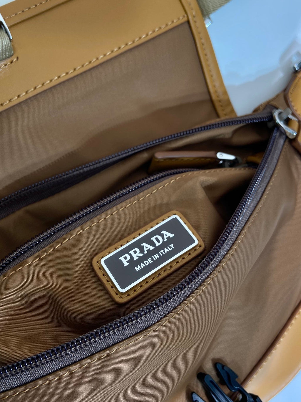 PRADA BELT BAG 18 IN SEPIA BROWN RE-NYLON AND CALFSKIN TRIM