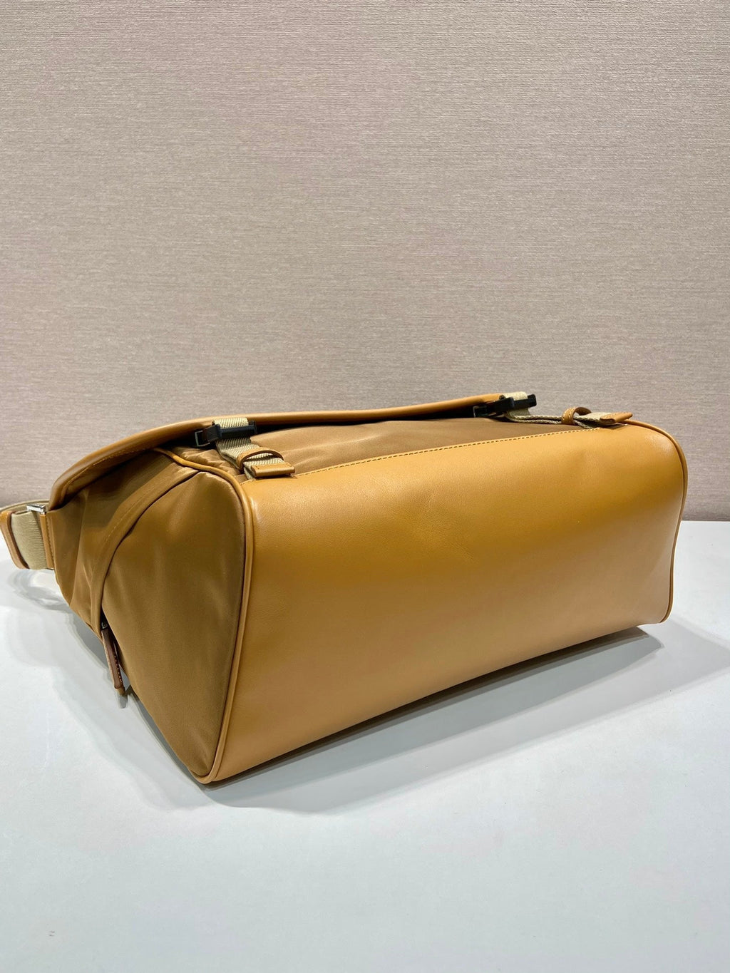 PRADA LARGE FLAP BAG 30 IN CIDER BROWN RE-NYLON AND CALFSKIN TRIM