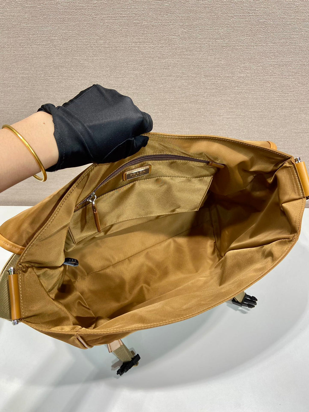 PRADA LARGE FLAP BAG 30 IN CIDER BROWN RE-NYLON AND CALFSKIN TRIM