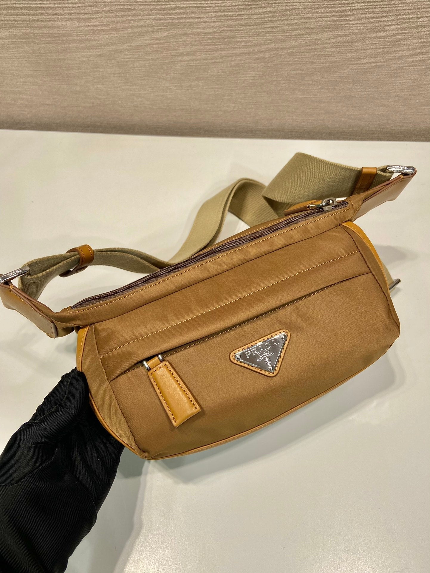 PRADA MESSENGER BAG 20 IN CIDER BROWN RE-NYLON AND CALFSKIN TRIM