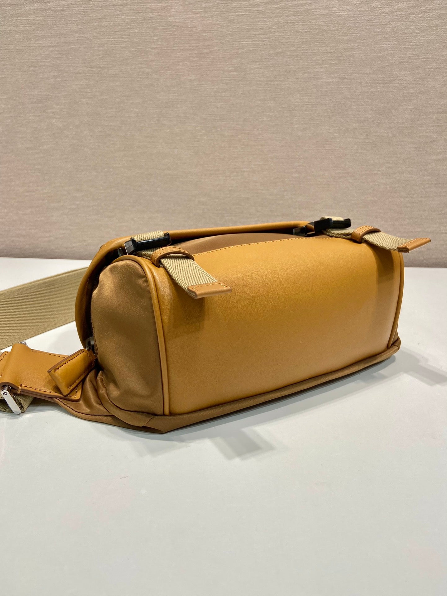 PRADA MESSENGER BAG 20 IN CIDER BROWN RE-NYLON AND CALFSKIN TRIM