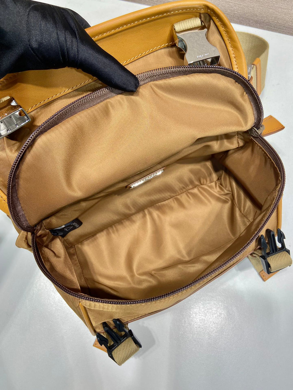 PRADA MESSENGER BAG 20 IN CIDER BROWN RE-NYLON AND CALFSKIN TRIM