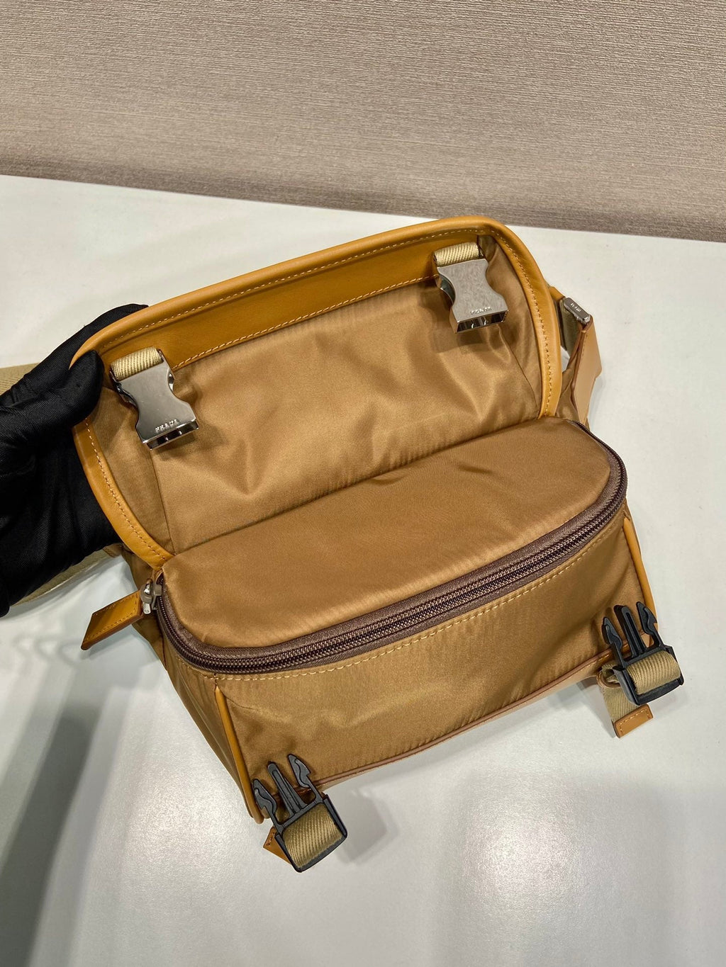 PRADA MESSENGER BAG 20 IN CIDER BROWN RE-NYLON AND CALFSKIN TRIM