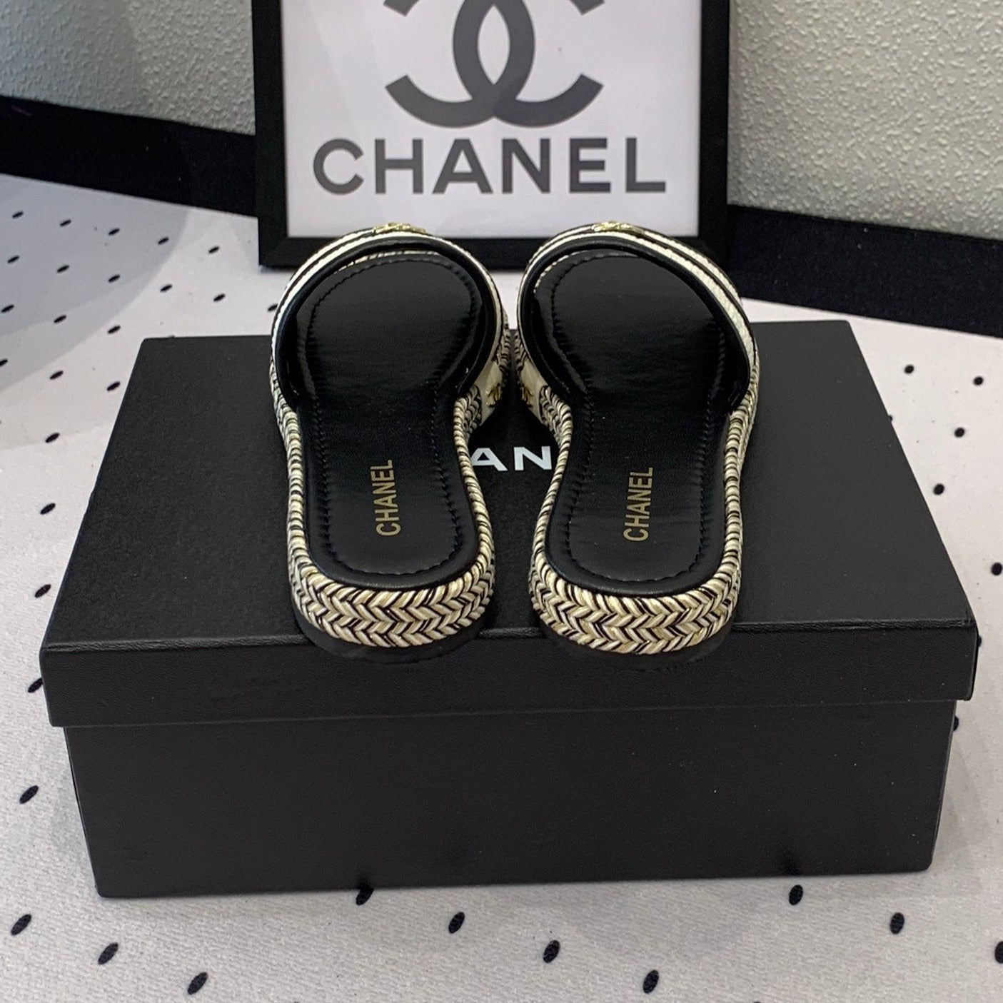 CHANEL Double  Women White Black Slippers Calfskin