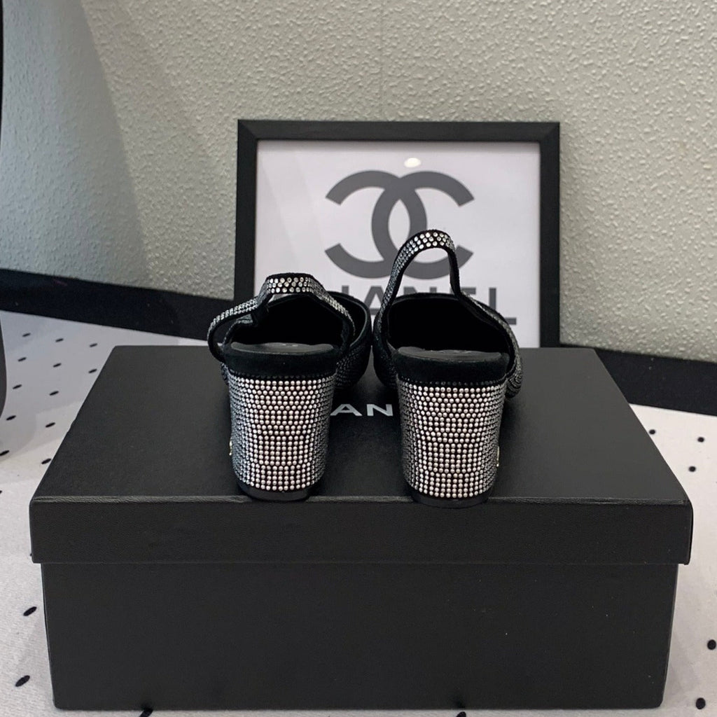 CHANEL Double  Rhinestone Slingback Sheepskin Silver Black