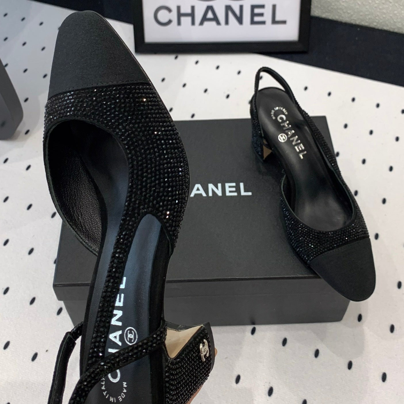 CHANEL Double  Rhinestone Slingback Sheepskin Black