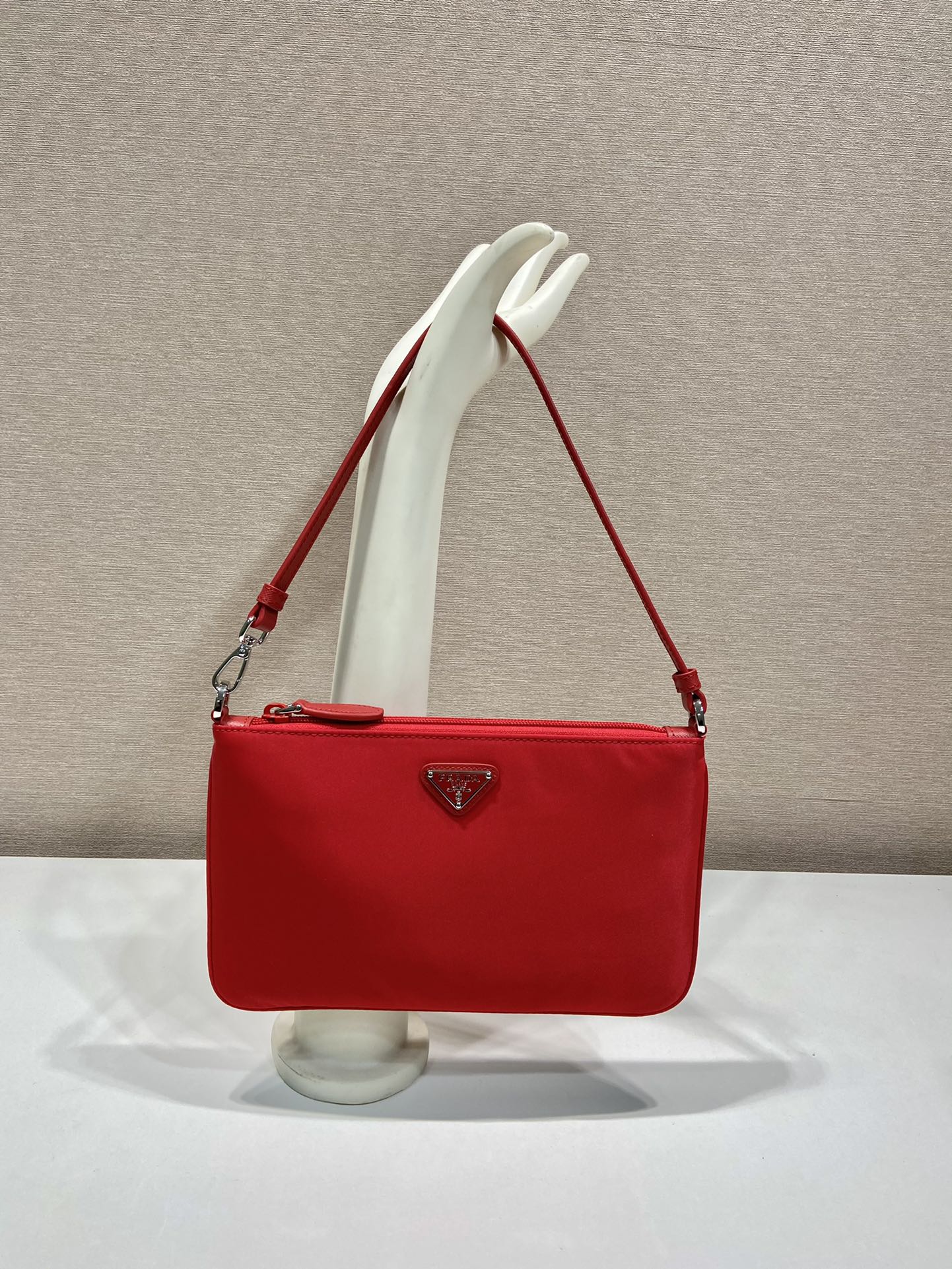 PRADA SHOULDER BAG 24 WITH TRIANGLE LOGO IN PASSION RED RE-NYLON FABRIC