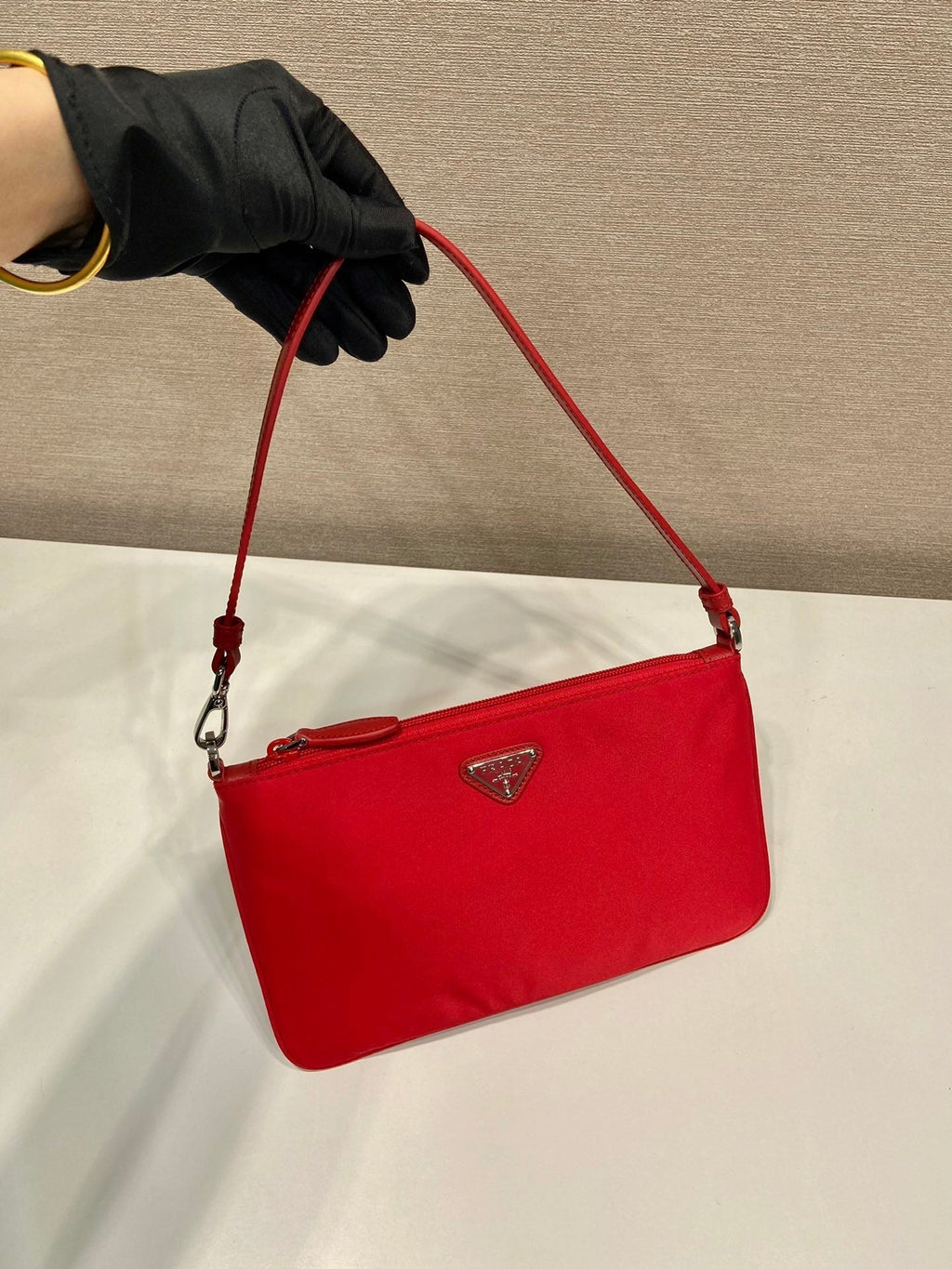 PRADA SHOULDER BAG 24 WITH TRIANGLE LOGO IN PASSION RED RE-NYLON FABRIC