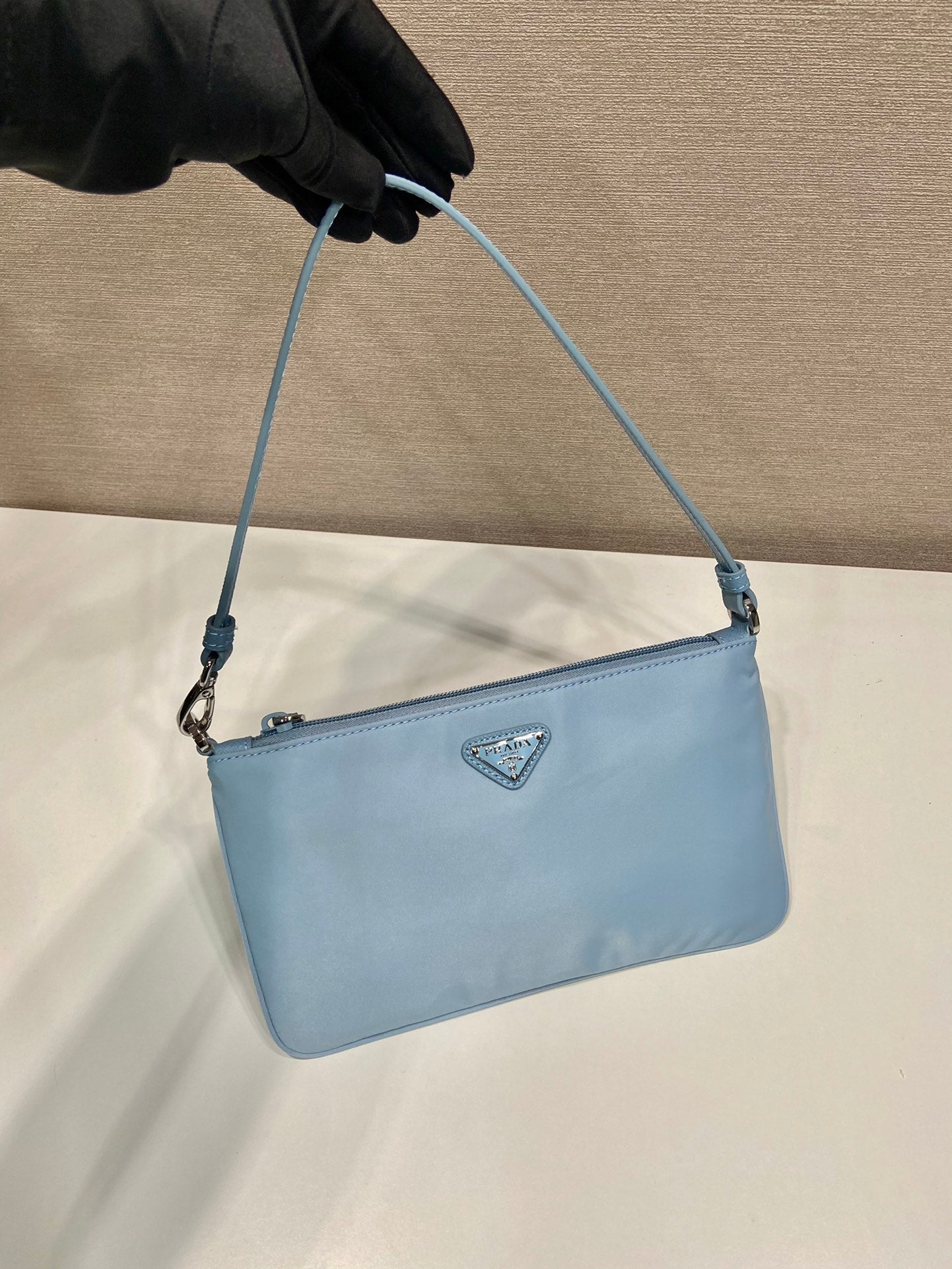 PRADA SHOULDER BAG 24 WITH TRIANGLE LOGO IN SKY BLUE RE-NYLON FABRIC