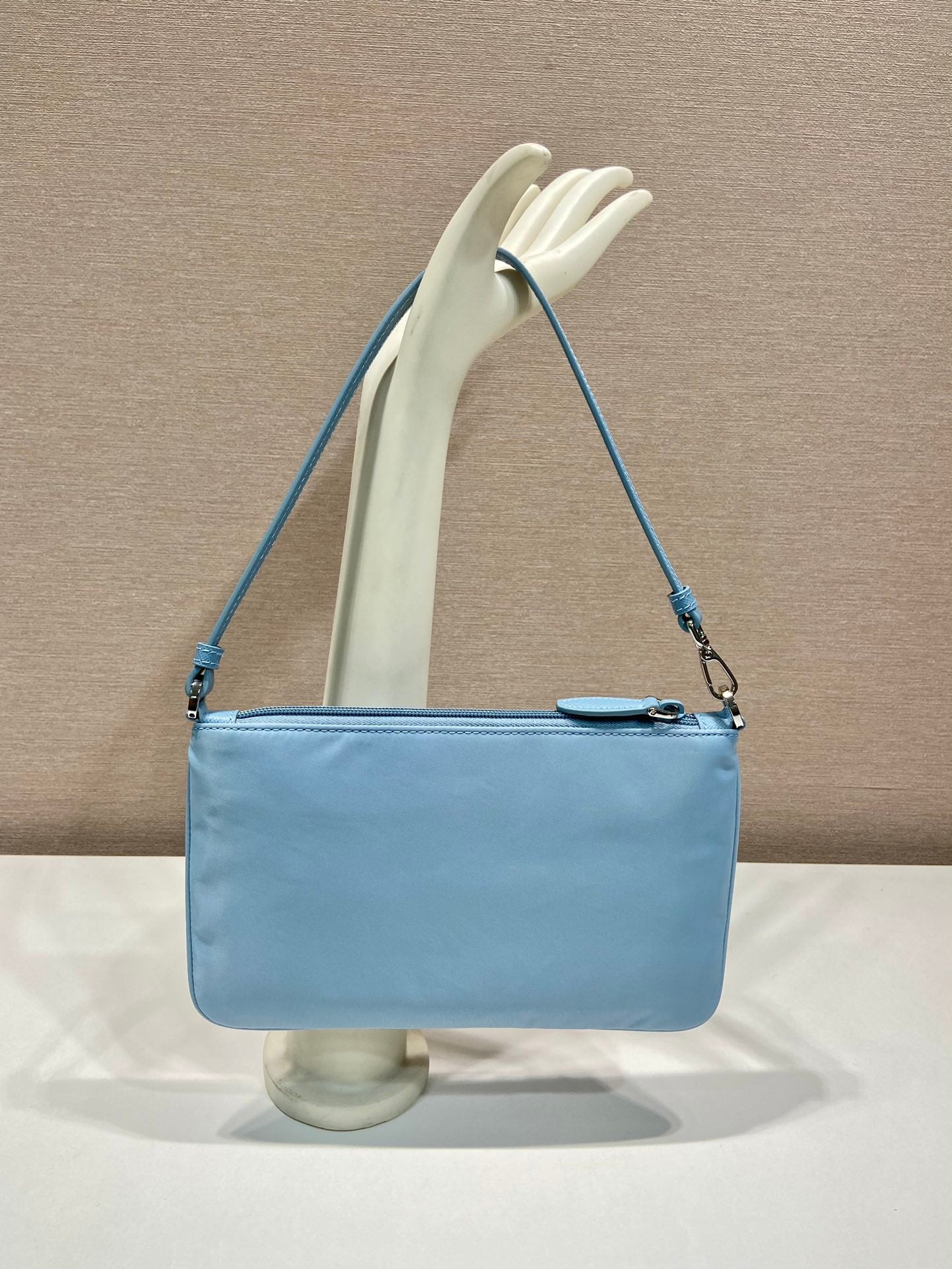 PRADA SHOULDER BAG 24 WITH TRIANGLE LOGO IN SKY BLUE RE-NYLON FABRIC