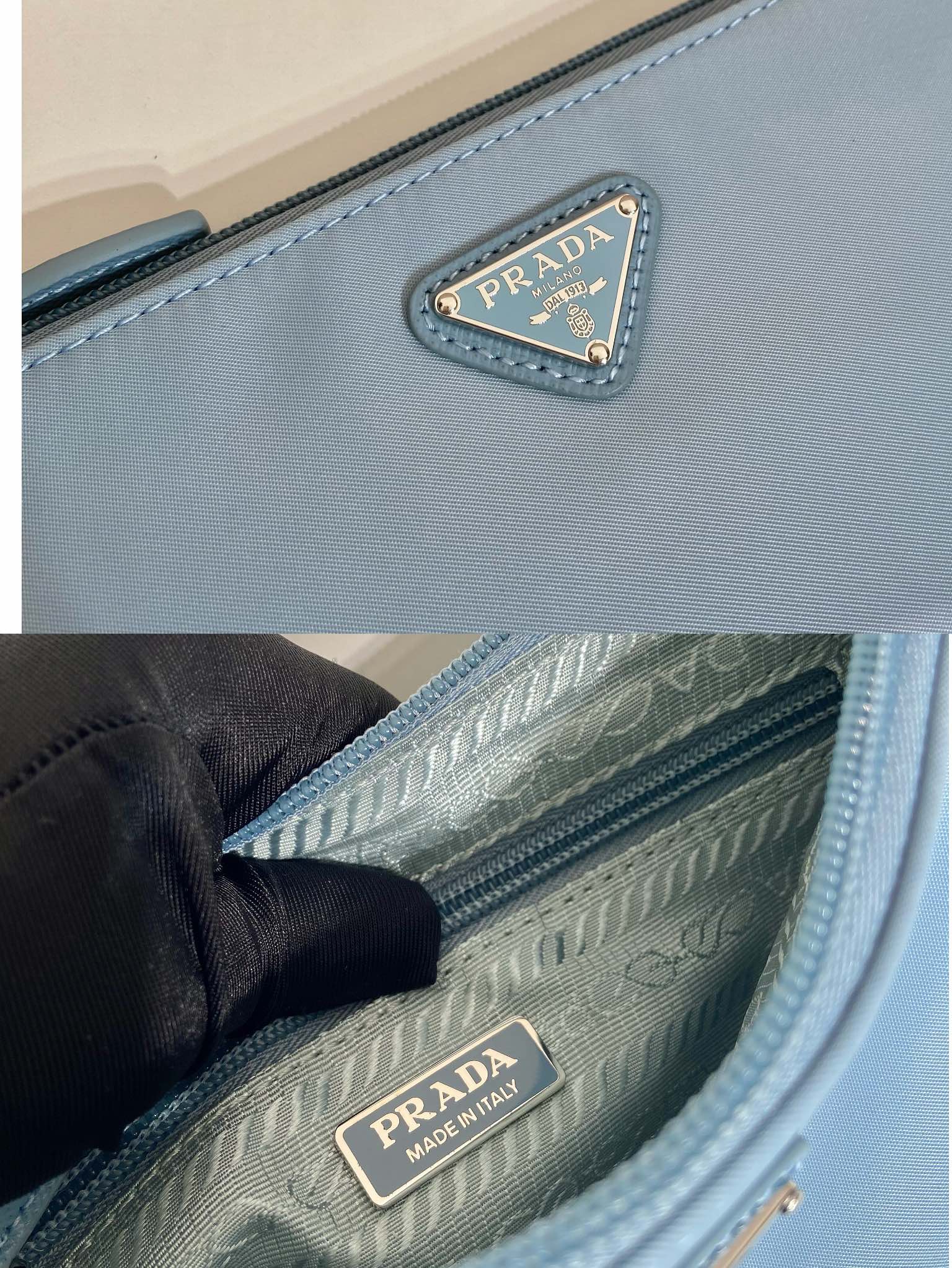 PRADA SHOULDER BAG 24 WITH TRIANGLE LOGO IN SKY BLUE RE-NYLON FABRIC