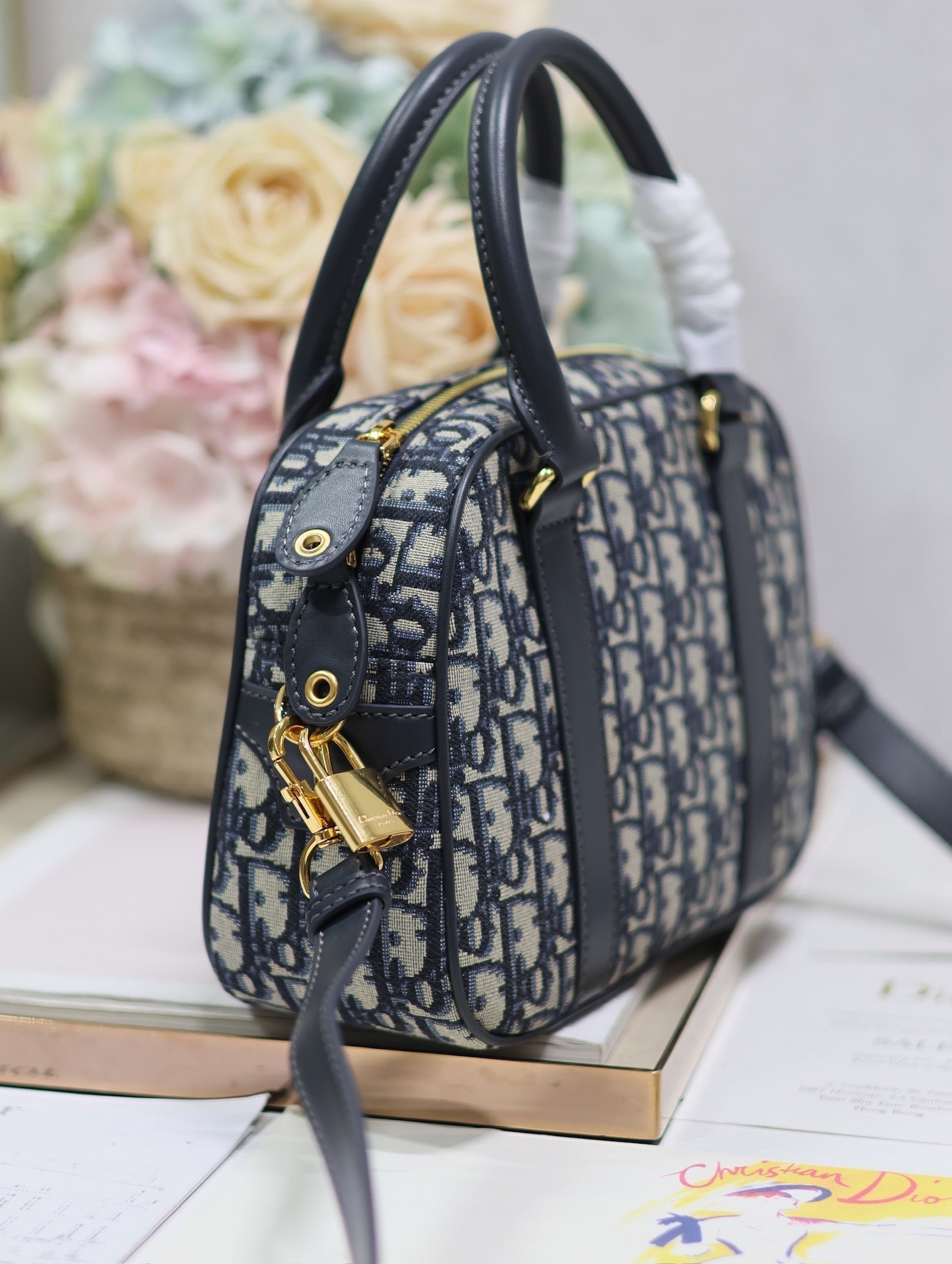 DIOR SMALL 25 D-VIBE BOWLING BAG IN BLUE MONOGRAM OBLIQUE JACQUARD
