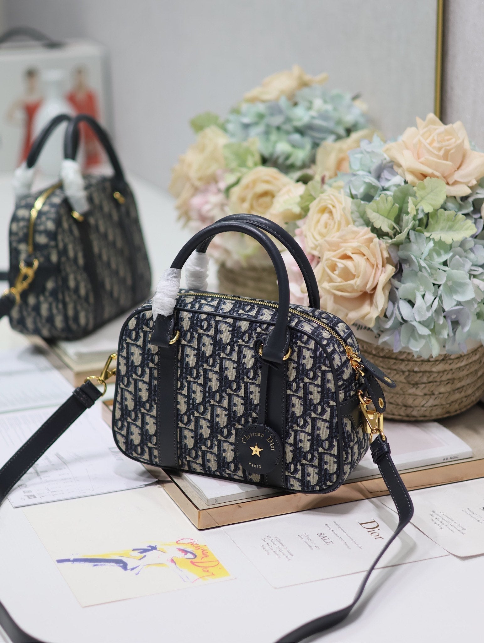 DIOR SMALL 25 D-VIBE BOWLING BAG IN BLUE MONOGRAM OBLIQUE JACQUARD