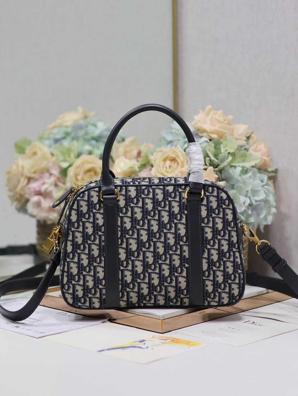 DIOR MEDIUM 31 D-VIBE BOWLING BAG IN BLUE MONOGRAM OBLIQUE JACQUARD