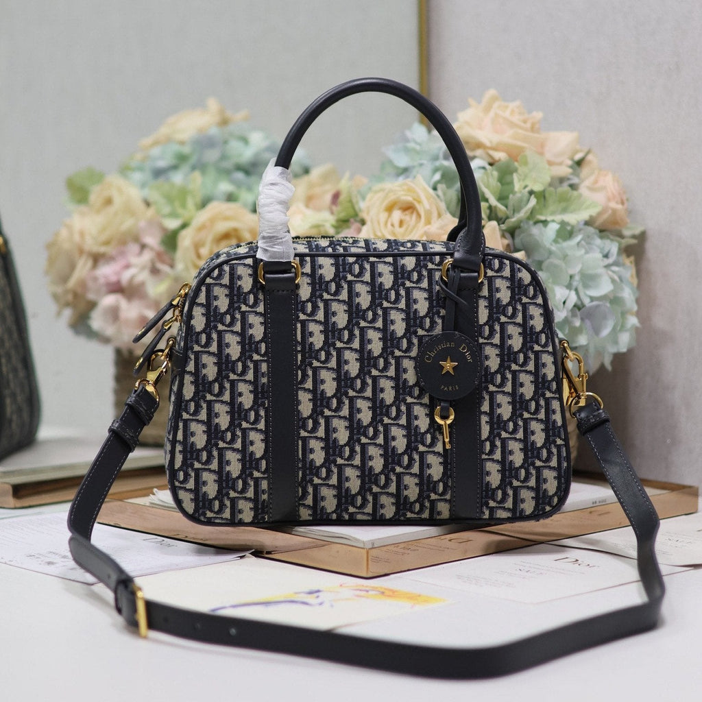 DIOR MEDIUM 31 D-VIBE BOWLING BAG IN BLUE MONOGRAM OBLIQUE JACQUARD