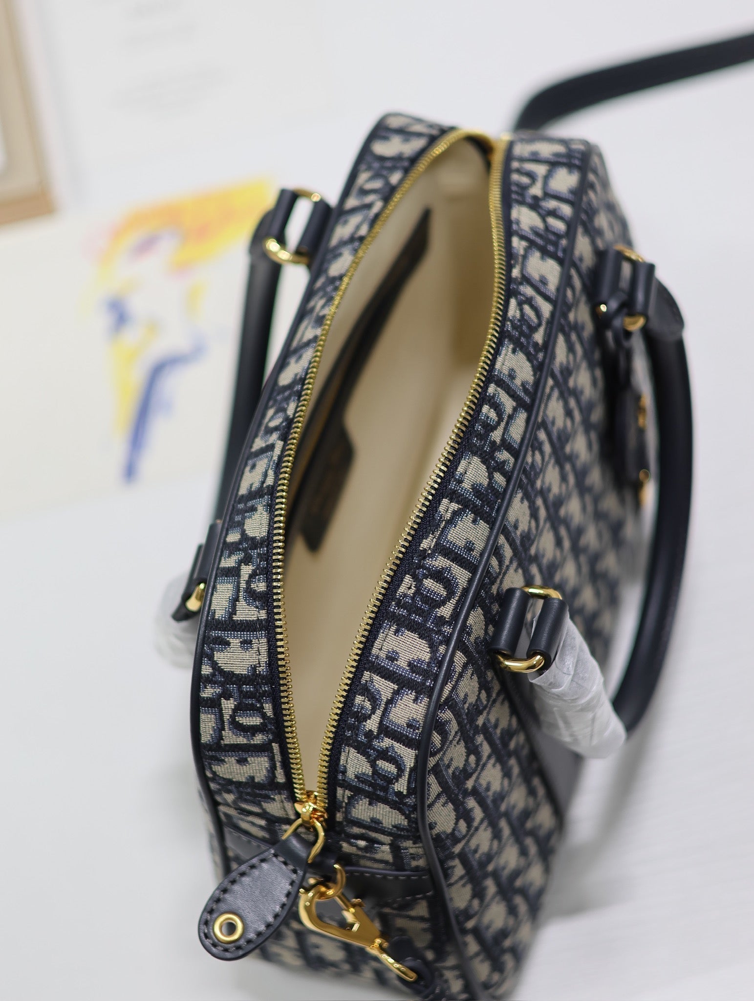 DIOR MEDIUM 31 D-VIBE BOWLING BAG IN BLUE MONOGRAM OBLIQUE JACQUARD