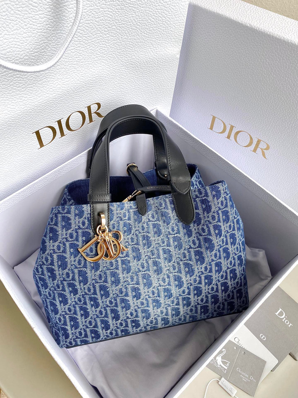 DIOR MEDIUM TOUJOURS 28 BLUE DENIM OBLIQUE JACQUARD