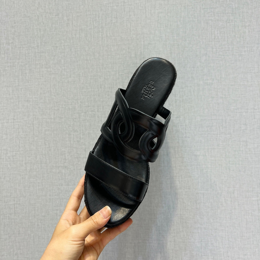 HERMES ITHEA 80 ESPADRILLE BLACK CALFSKIN