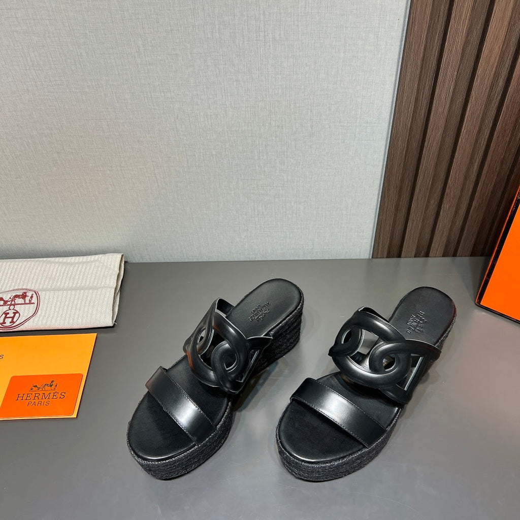 HERMES ITHEA 80 ESPADRILLE BLACK CALFSKIN