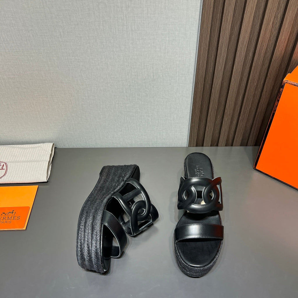 HERMES ITHEA 80 ESPADRILLE BLACK CALFSKIN