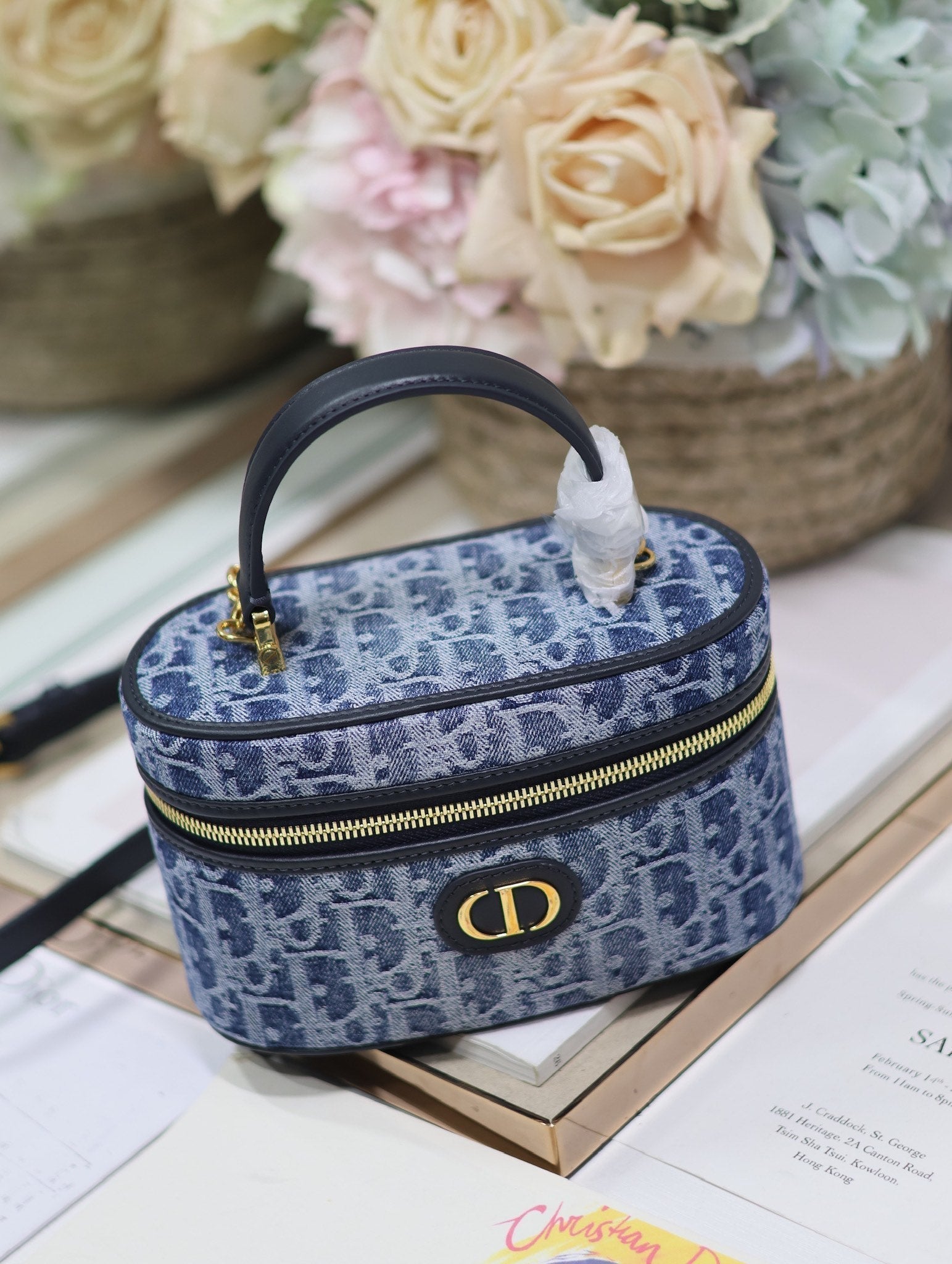 DIOR CARO MINI 16 VANITY CASE IN CERULEAN BLUE MONOGRAM DENIM