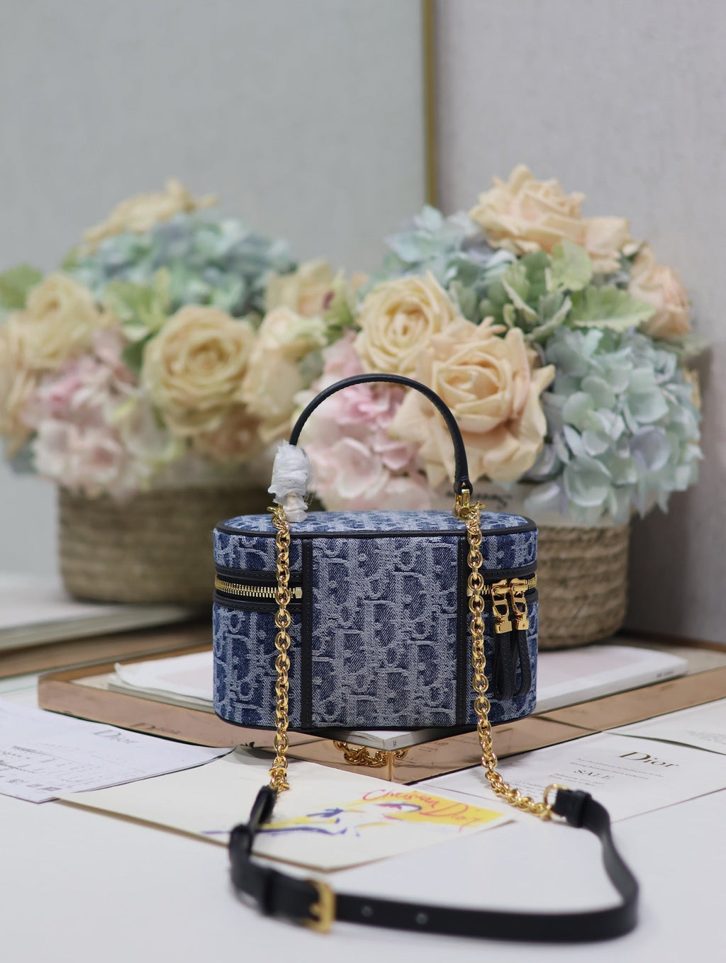 DIOR CARO MINI 16 VANITY CASE IN CERULEAN BLUE MONOGRAM DENIM