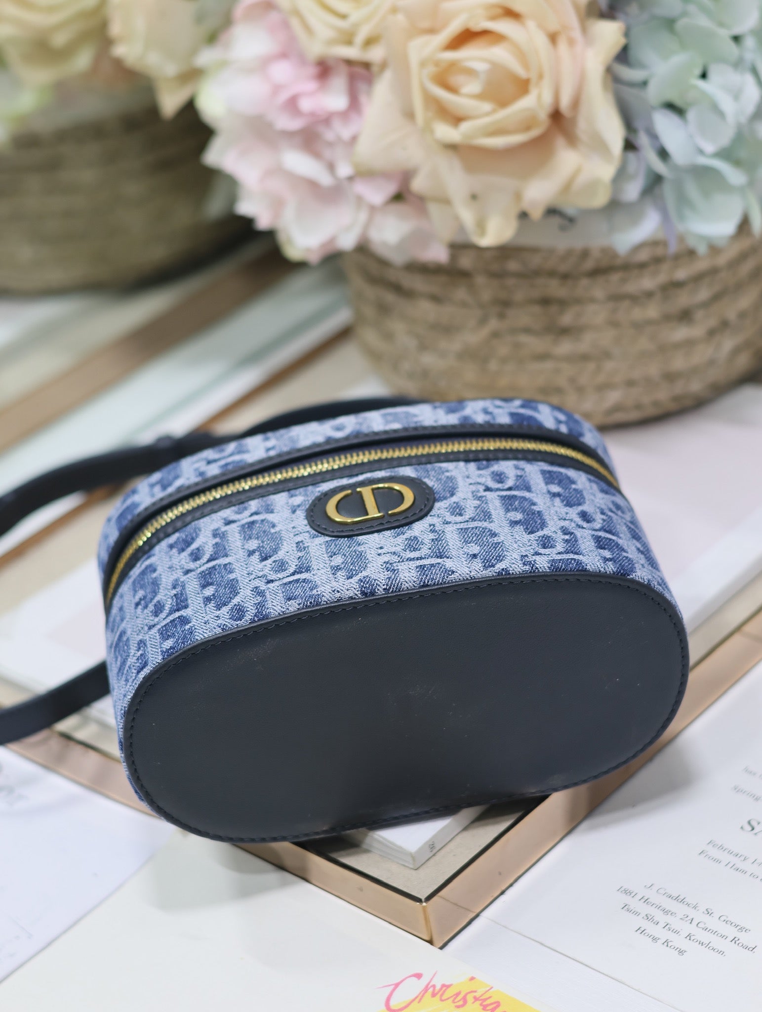 DIOR CARO MINI 16 VANITY CASE IN CERULEAN BLUE MONOGRAM DENIM