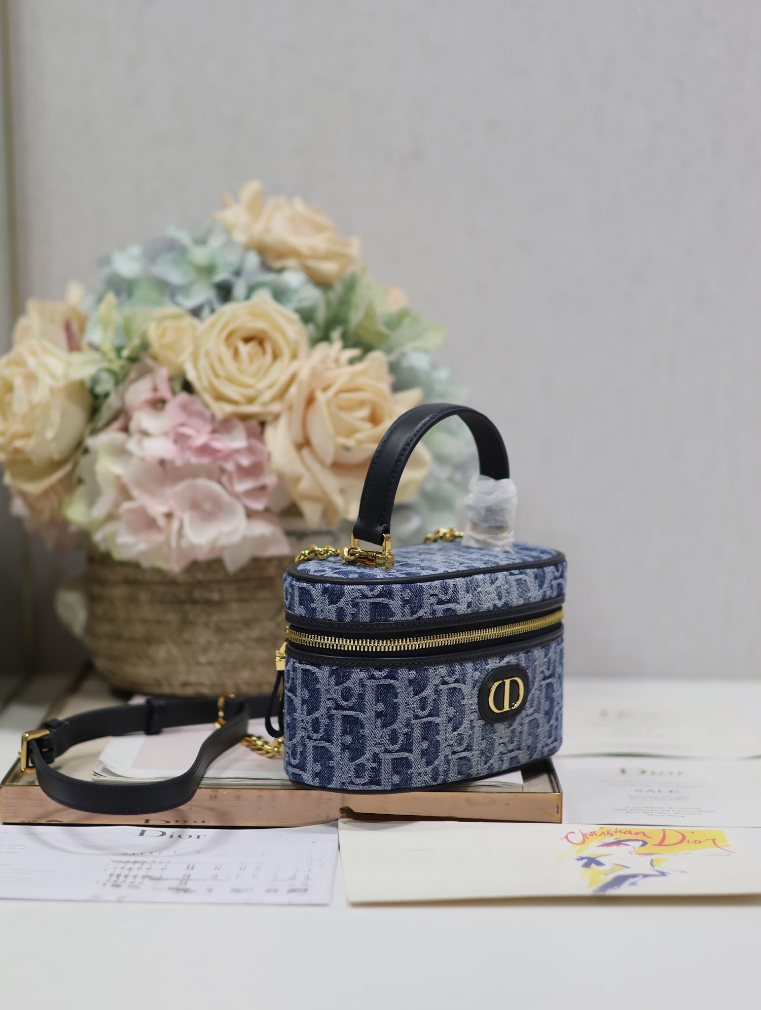 DIOR CARO MINI 16 VANITY CASE IN CERULEAN BLUE MONOGRAM DENIM