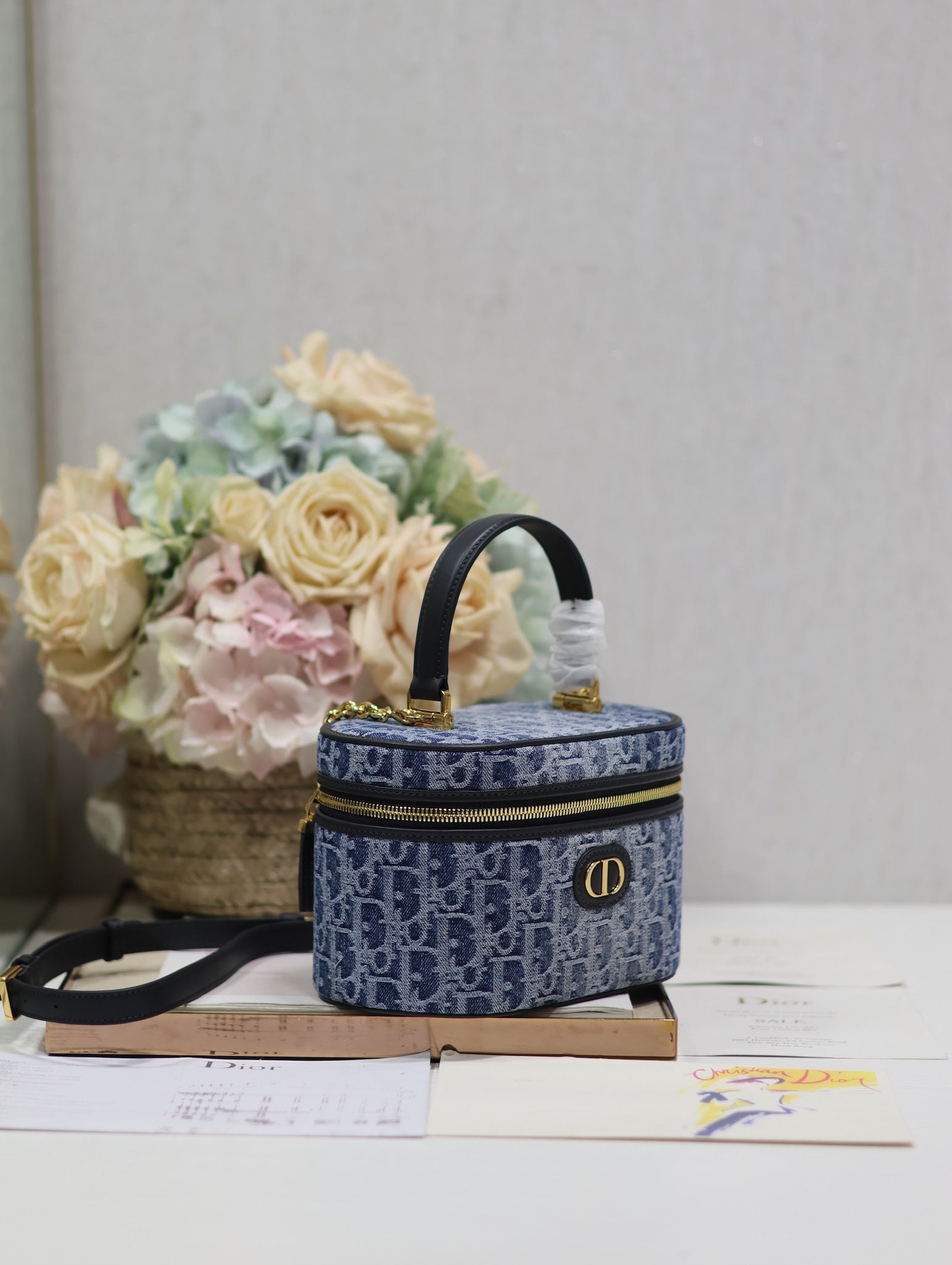 DIOR CARO SMALL 20 VANITY CASE IN CERULEAN BLUE MONOGRAM DENIM
