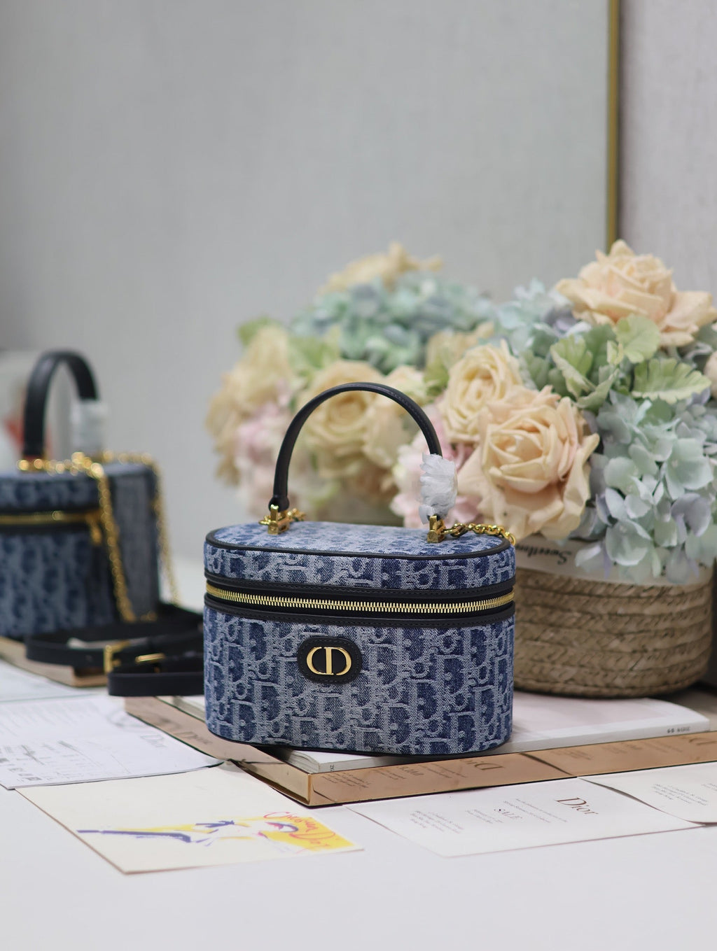 DIOR CARO SMALL 20 VANITY CASE IN CERULEAN BLUE MONOGRAM DENIM