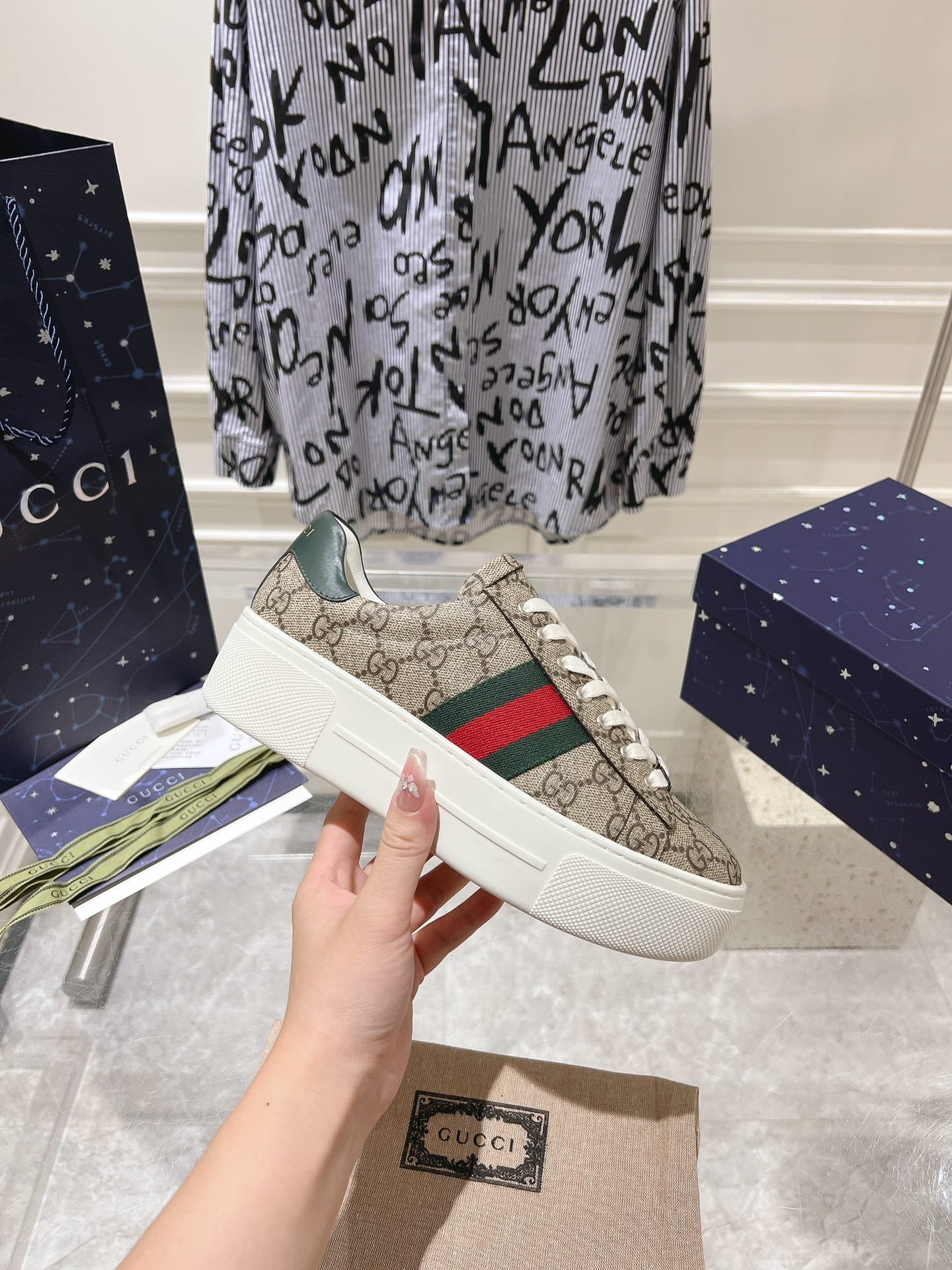 GUCCI ACE 30 SUPREME TRAINER LIGHT BROWN CALFSKIN