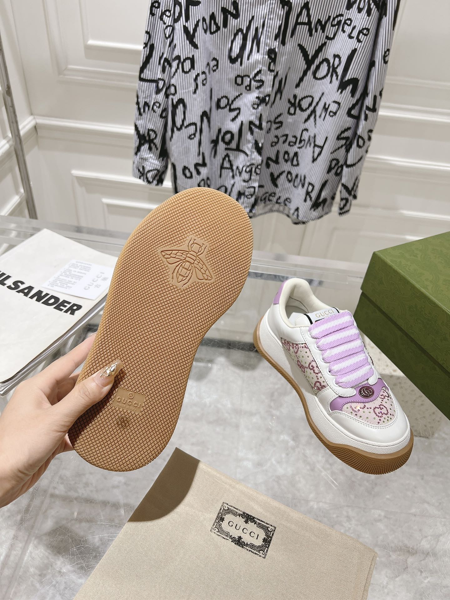 GUCCI SCREENER 50 SNEAKER WHITE AND PURPLE CALFSKIN