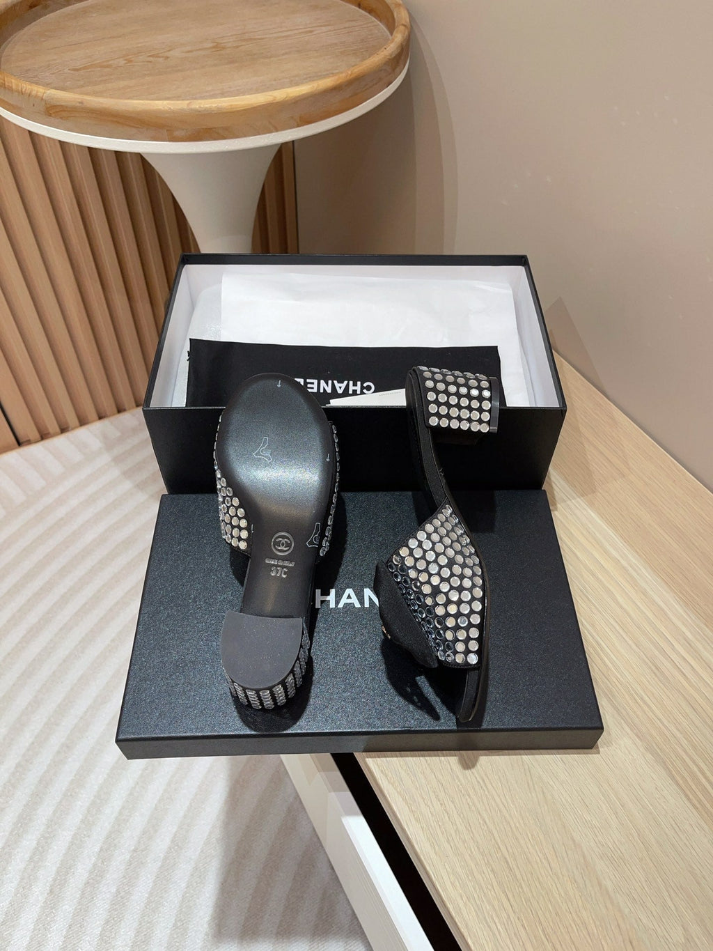CHANEL HIGH HEEL BLACK SATIN WITH WHITE RHINESTONES