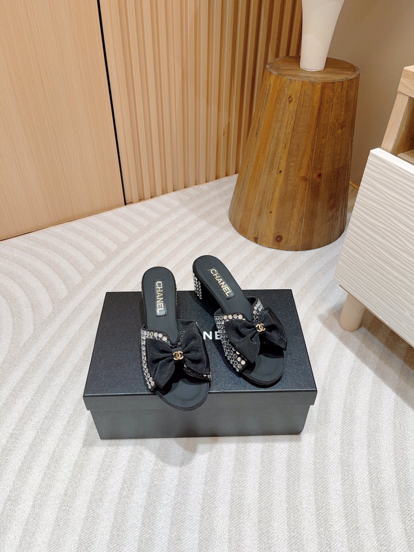 CHANEL HIGH HEEL BLACK SATIN WITH WHITE RHINESTONES