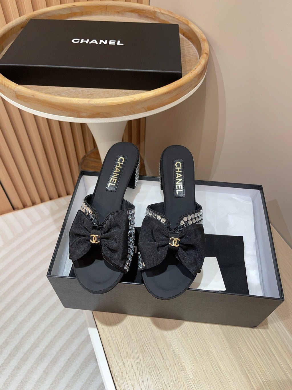 CHANEL HIGH HEEL BLACK SATIN WITH WHITE RHINESTONES