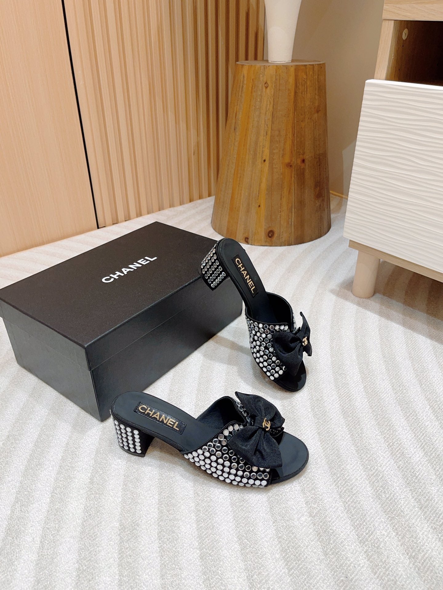 CHANEL HIGH HEEL BLACK SATIN WITH WHITE RHINESTONES
